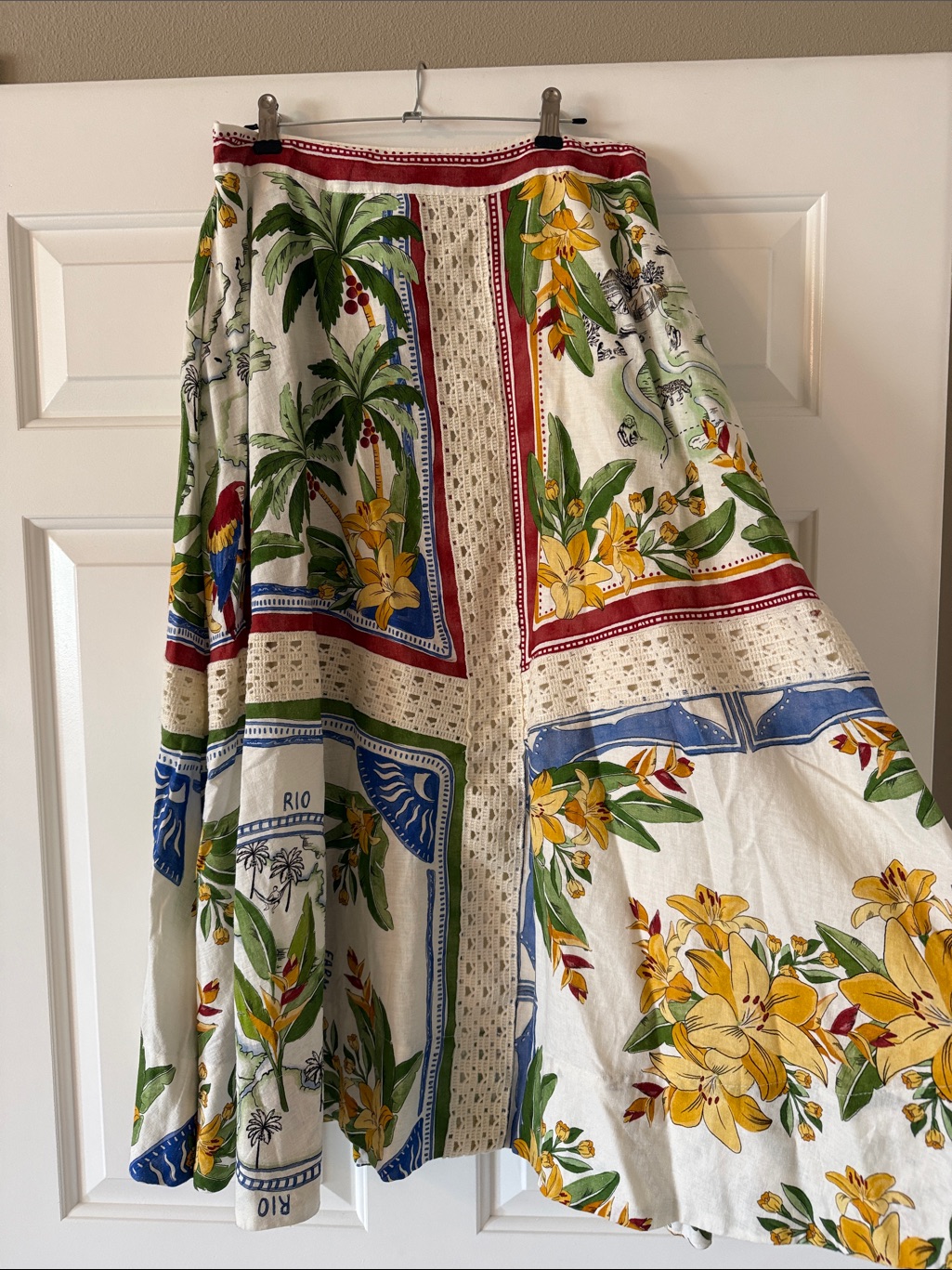 Farm Rio Cream Maxi Skirt With Yellow, Green, Blue & Red Tropical Panels